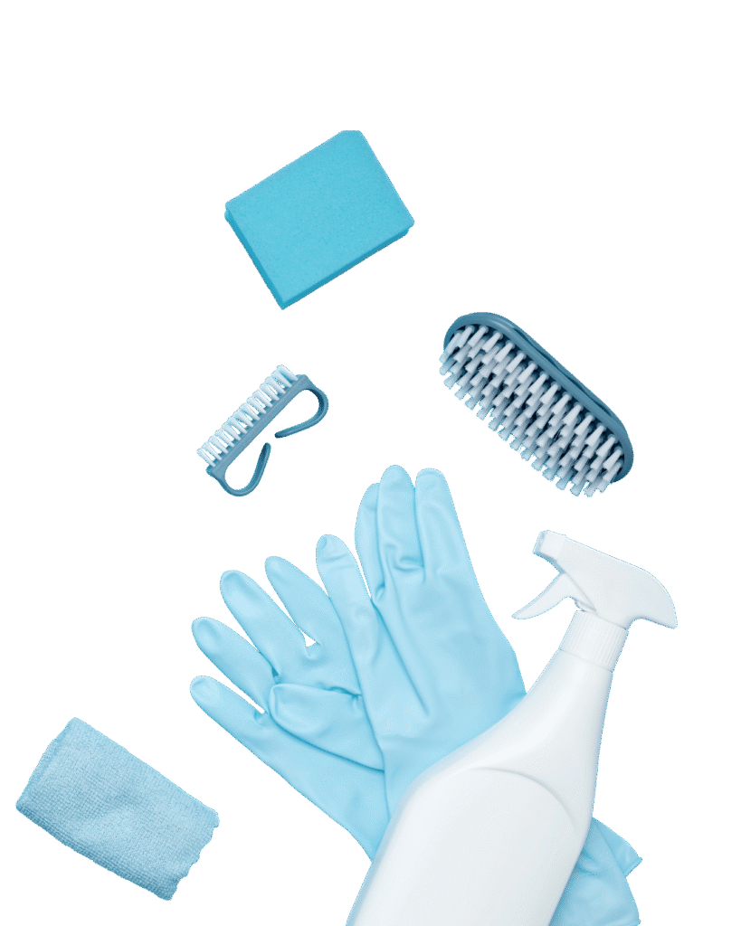 Dateiname: reinigungsutensilien-tuerkis-vektor.pngAlt-Text: Eine türkisblaue Sammlung von Reinigungsutensilien, inklusive Handschuhe und Sprühflasche.